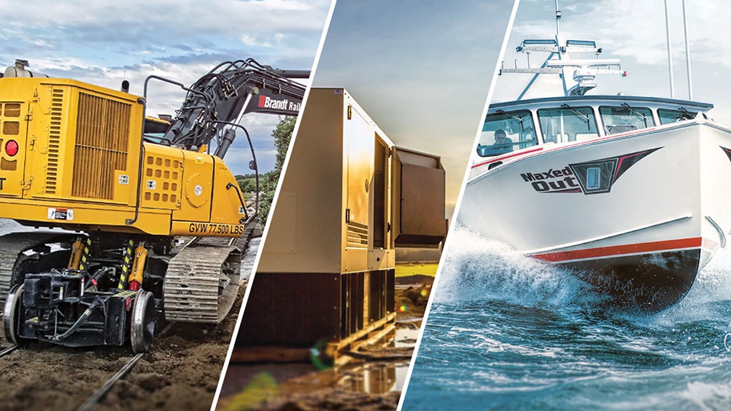 Collage of Off-Rail-Mounted Excavator, Generator, and Fishing Boat