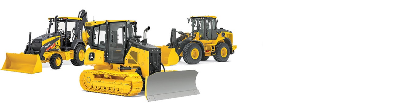 A backhoe, dozer and wheel loader on white background.