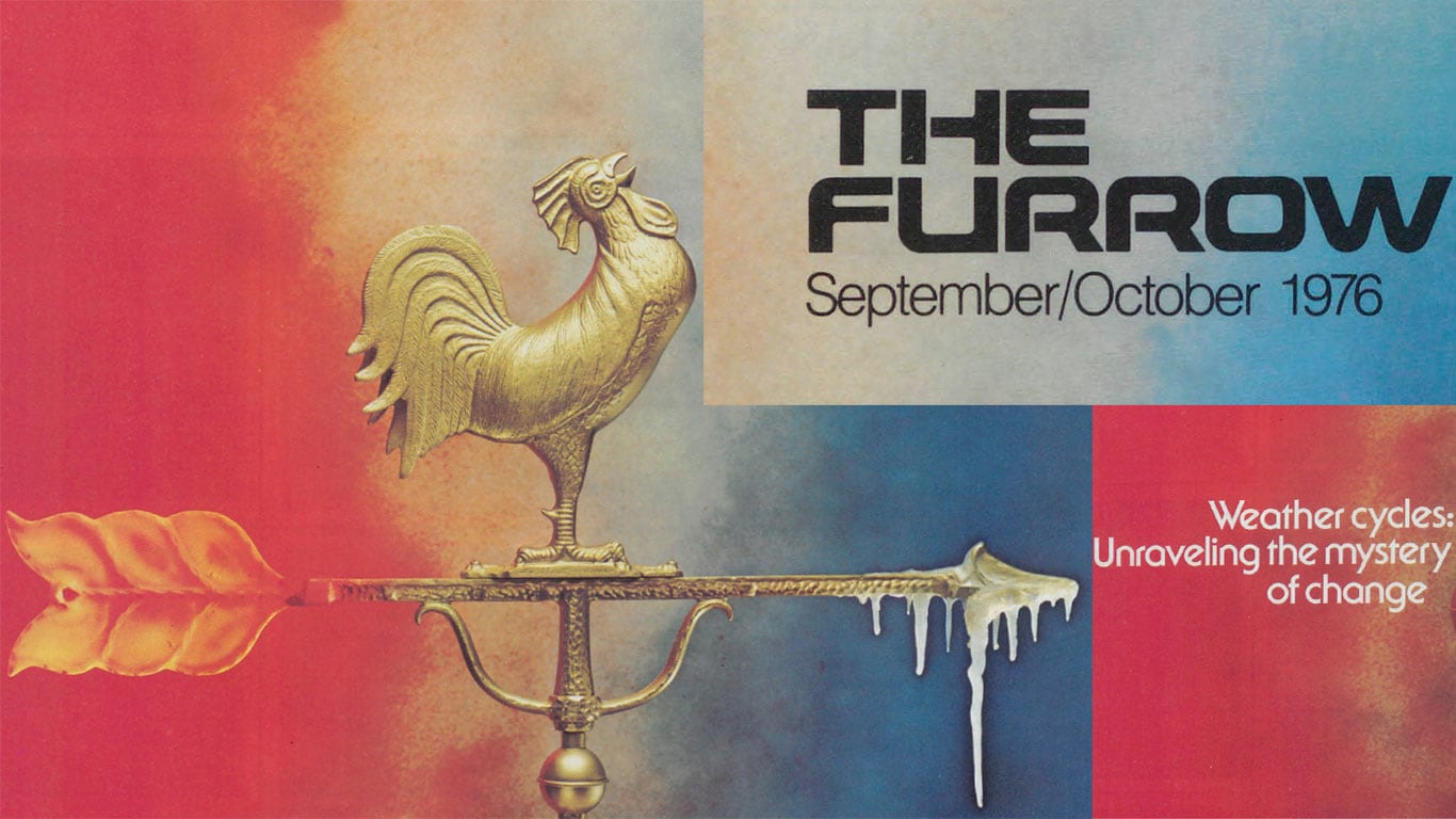Golden weather vane with melting ice against a red‑to‑blue backdrop on The Furrow 1976 cover.