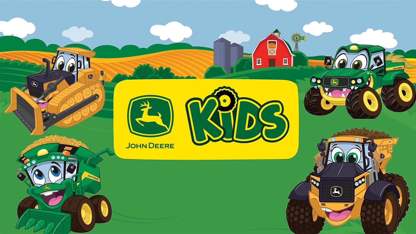 Cartoon farm scene with smiling tractors and bulldozer around John Deere Kids logo.