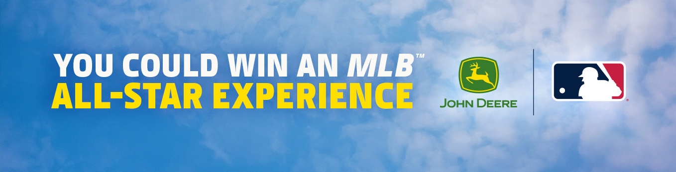 Text with "You could win an MLB All-Star Experience" with the John Deere and Major League Baseball logo.