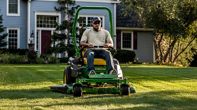 A person riding on a ztrak mower mowing the grass A person riding on a ztrak mower mowing the grass