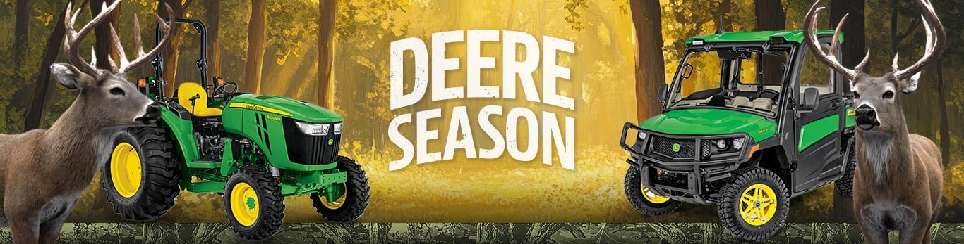 Collage of two deer—one on the left next to a John Deere tractor, one on the right next to a John Deere Gator Utility Vehicle—in between a Deere Season logo.