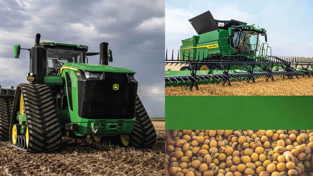 Front view of the 9RX 830 tractor grill next to an image of the S7 Combine harvesting wheat and a detailed image of soy beans.