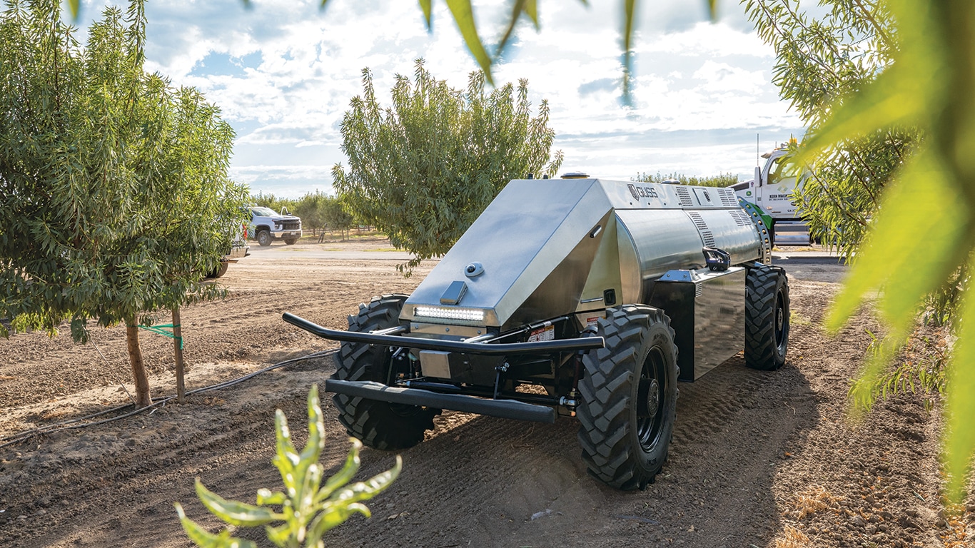 GUSS Sprayer moving through an orchard
