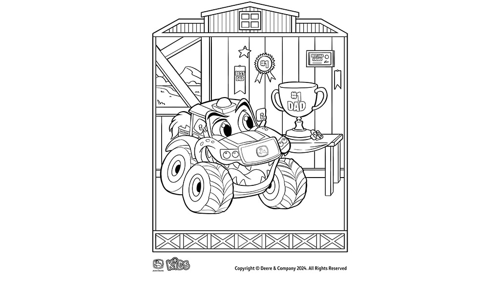 A coloring page showing a characterized cat tractor looking at a heart display on a table that says "Mother's Day"