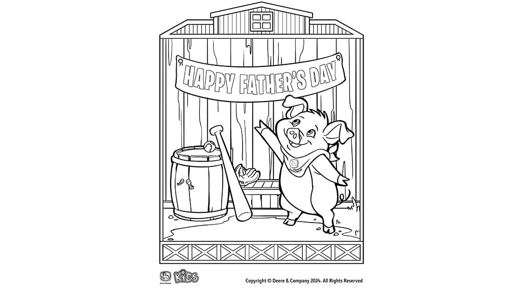 A coloring page showing a characterized pig pointing at a "Happy Father's Day" banner in a barn