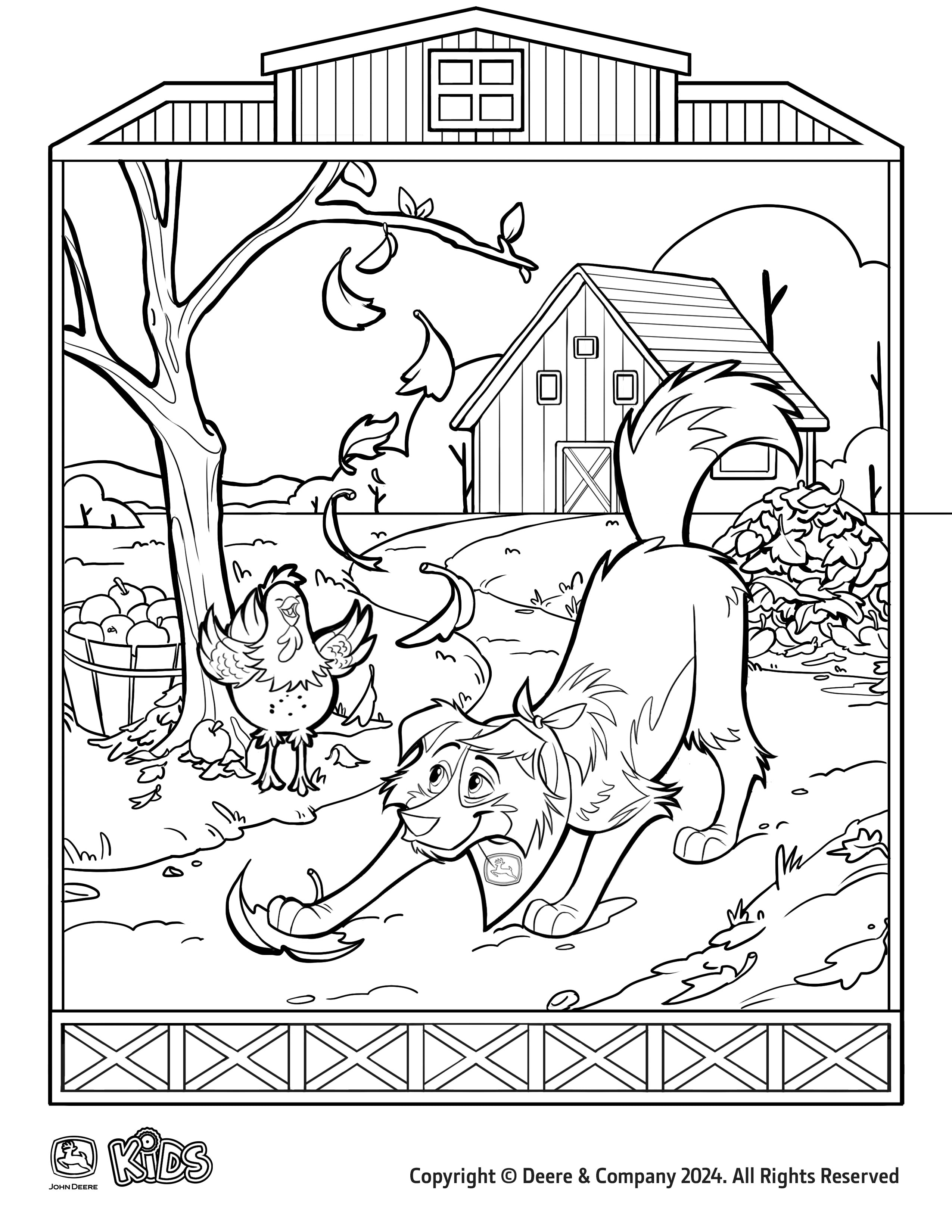 fall coloring page of dog at farm