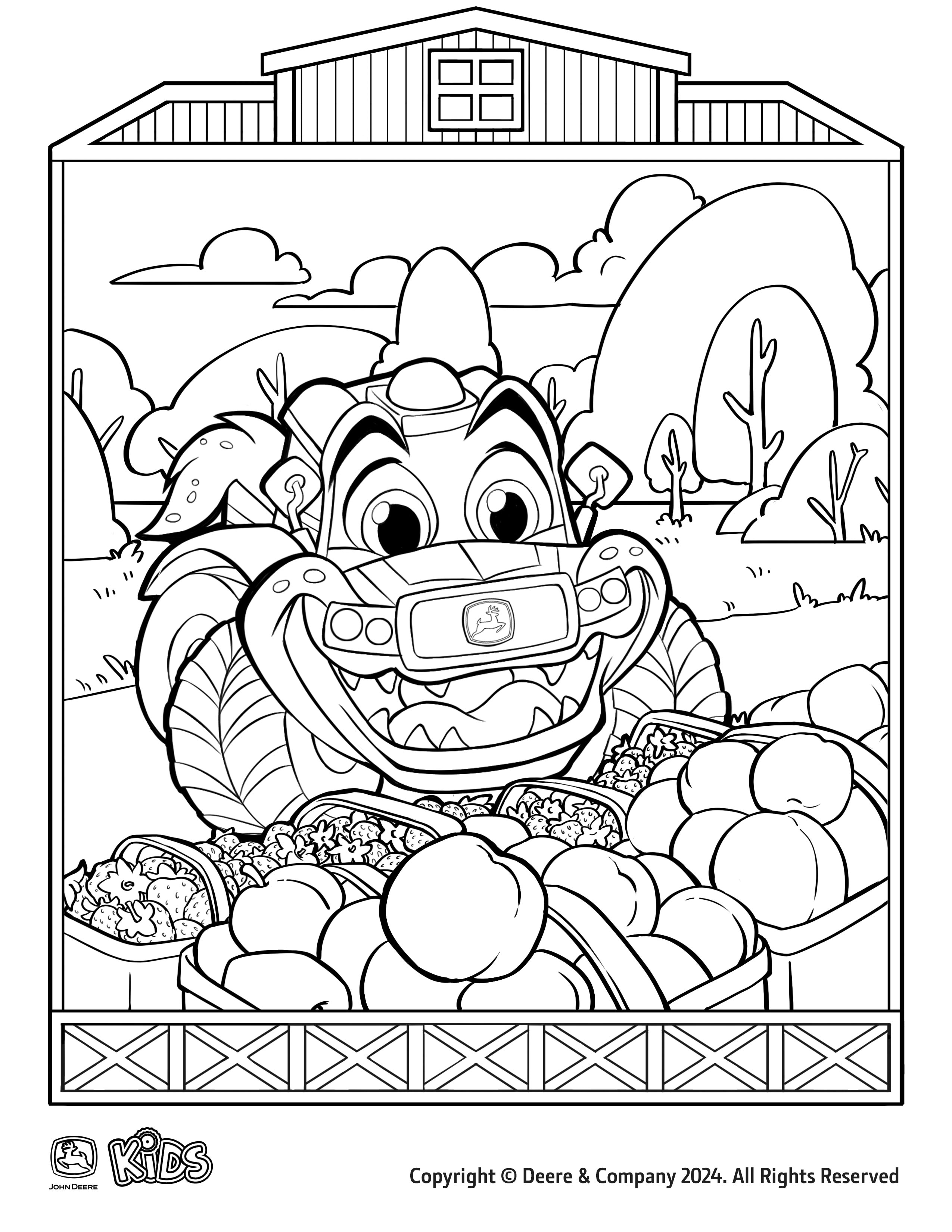 Tractor at apple orchard fall coloring page for kids