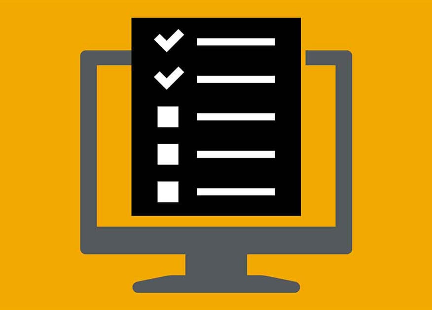 graphic of a black computer with a checklist on it with a yellow background