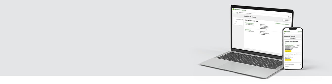 Laptop and smartphone displaying the John Deere Financial MyFinancial Accounts dashboard.