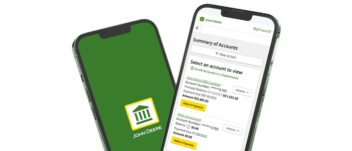 Smartphone displaying the John Deere Financial MyFinancial mobile app interface.