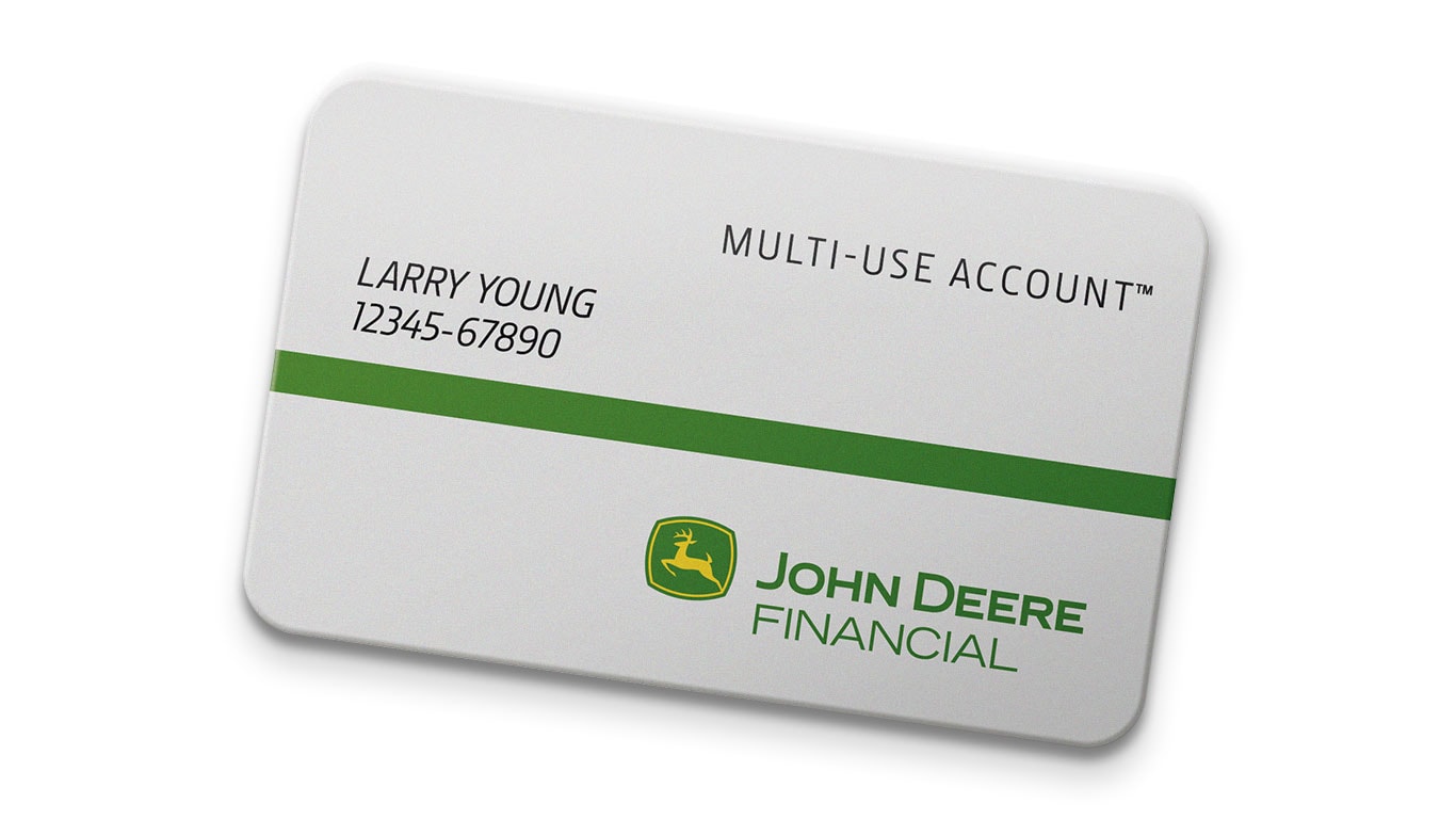Financial product card with a green stripe and the John Deere Financial logo