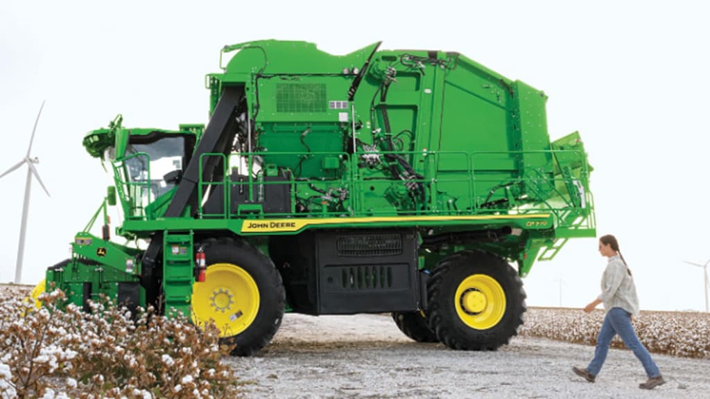 a CP770 cotton harvester entering a cotton field