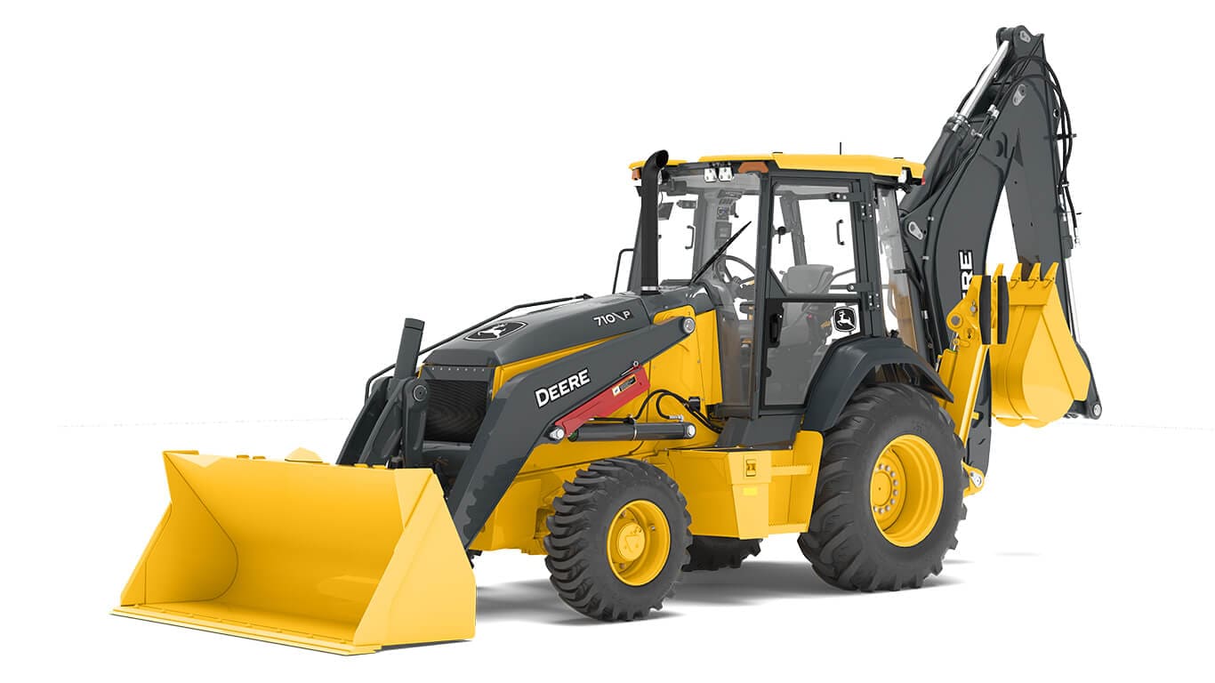 John Deere backhoe on a white background.