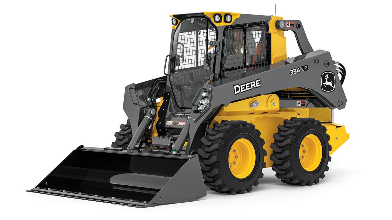 John Deere 320G skid steer on a white background.