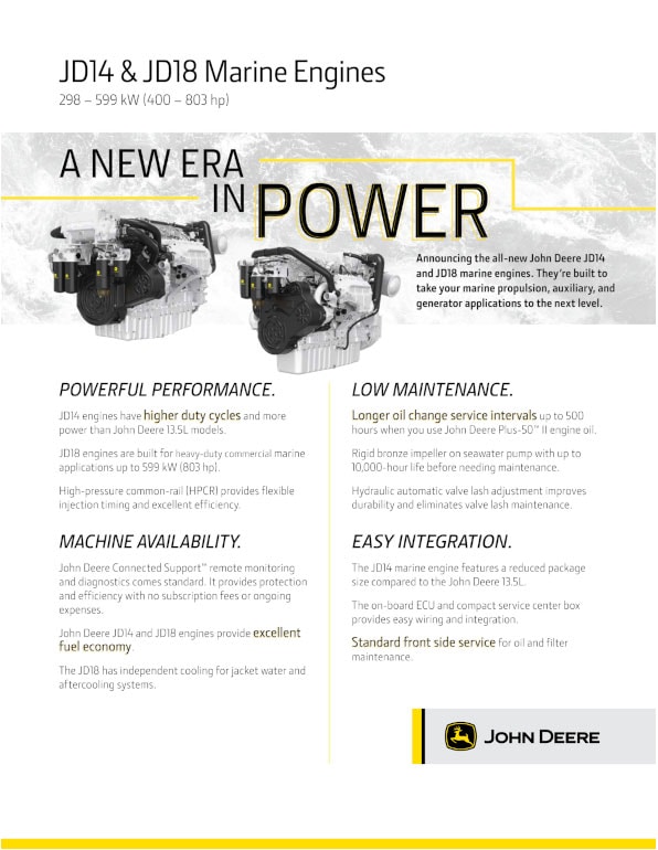 Brochure cover preview with an image of a JD14 and JD18 Marine