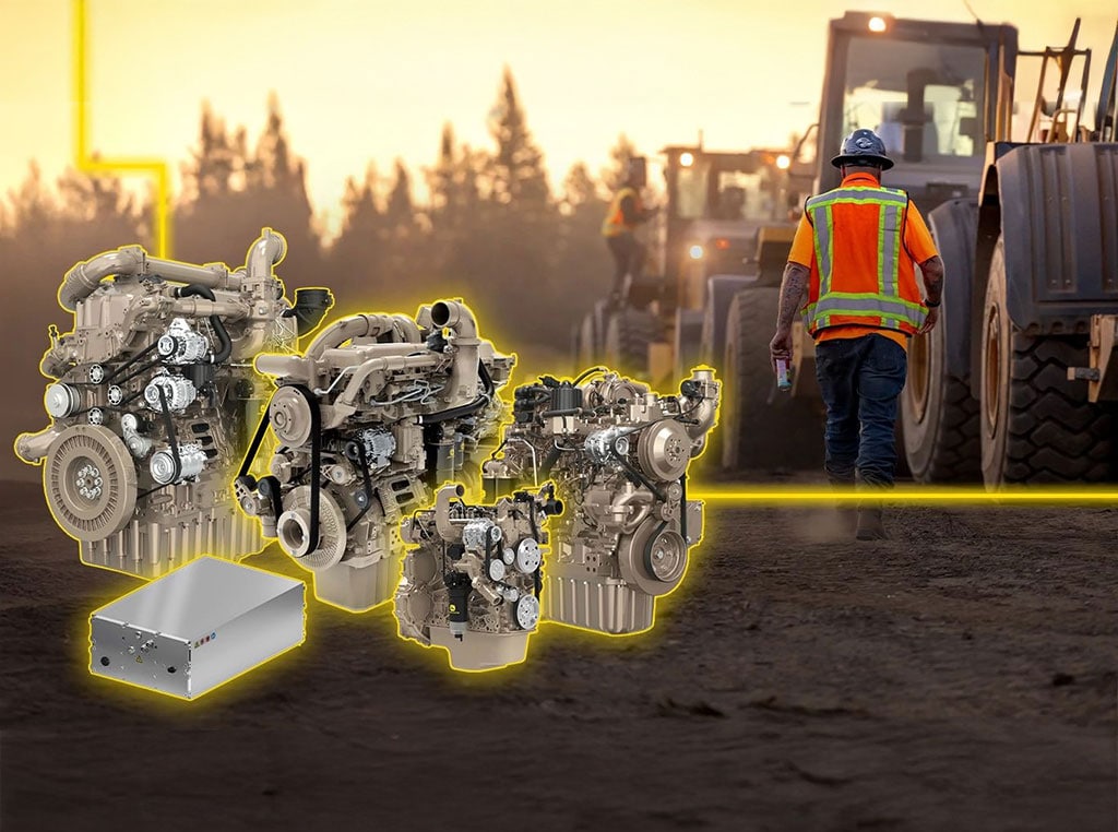 Lineup of John Deere diesel engines and a KREISEL Electric battery pack overlaid on a construction site.