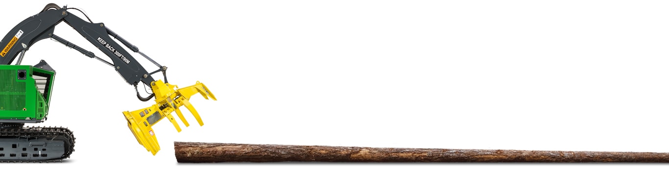 Deere tracked feller buncher with yellow grapple holding a long log on a white background.