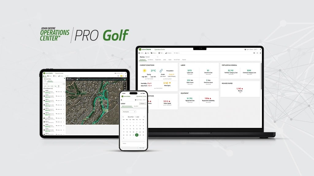an open laptop, tablet and mobile phone showing different views of John Deere Operations Center Pro Golf