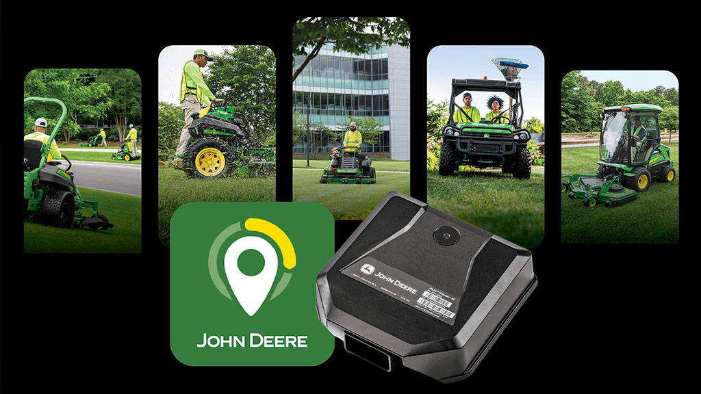 A black modem next to the John Deere Operations Center logo; behind are 5 phone-shaped images displaying various equipment.