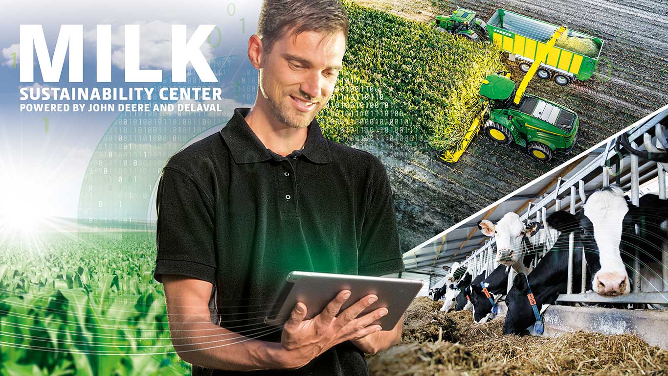 Collage photo; at center is a man with a smile on his face while holding a tablet and looking at information from the Milk Sustainability Center