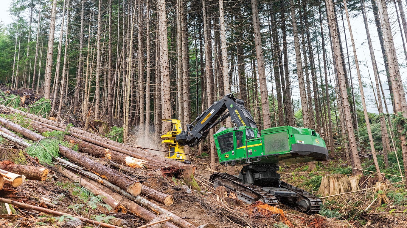 The 959M Tracked Feller Buncher with FR27 Felling Head utilizing the new improvements to cut trees