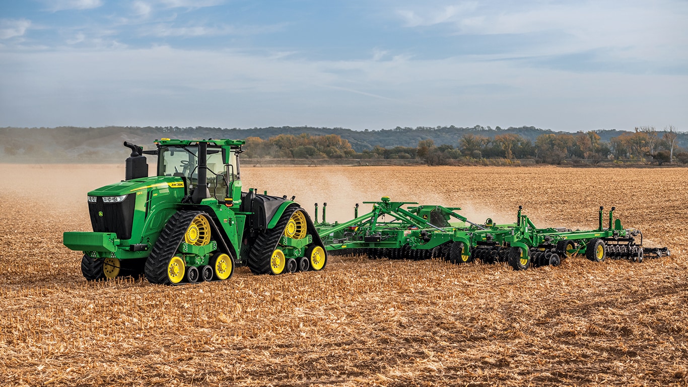 9RX tractor running autonomously in the field performing tillage work.