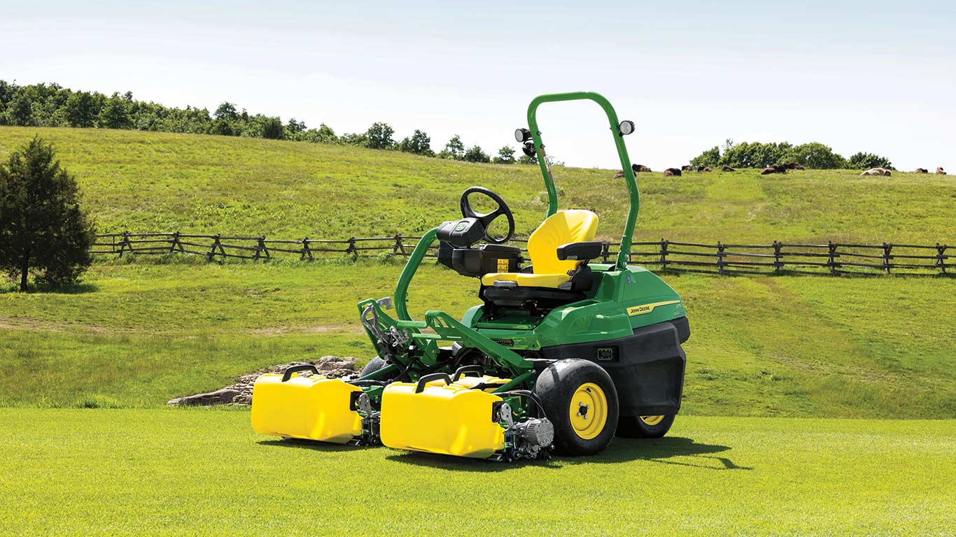 2775 E-Cut Electric Triplex Mower in the middle of the golf course.