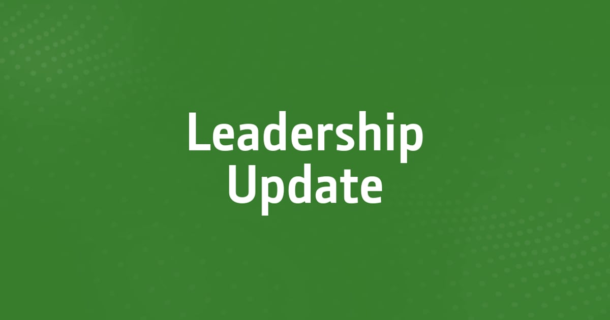 Text "Leadership Update" on a green patterned background