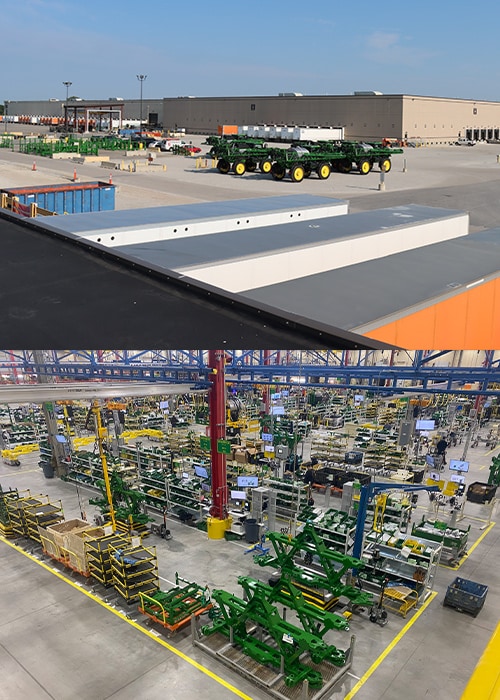 Two photos: One showing the exterior of John Deere's DSW factory building, the other showing the inside with a wide view of many parts assembly stations