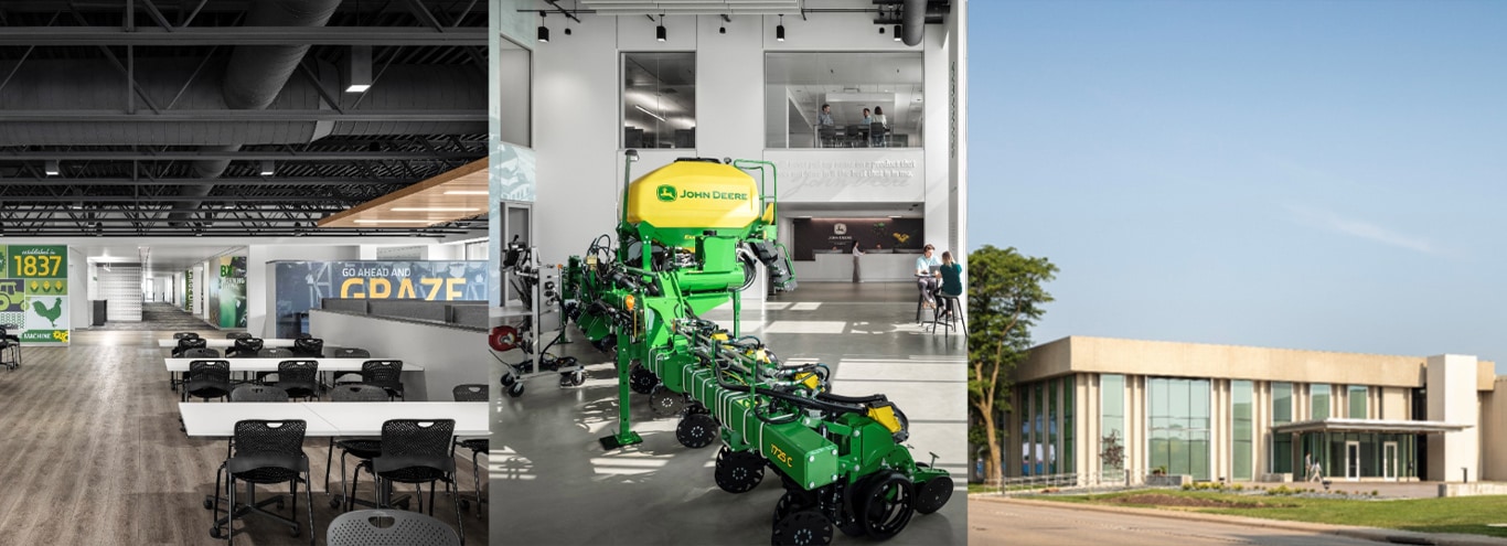 Three photos showing the interor and exterior of John Deere Seeding