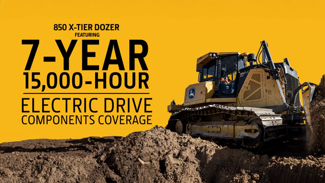 Dozer on a construction site with text promoting 7-year, 15,000-hour electric drive components coverage.