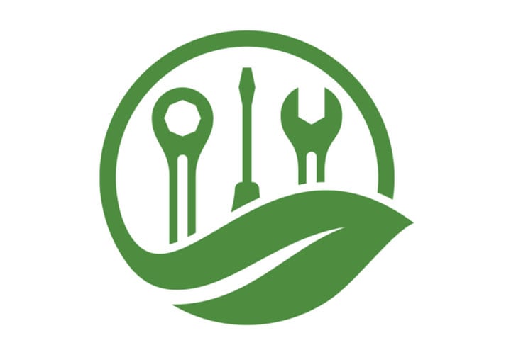 Green icon showing a set of three tools surrounded by a leaf.