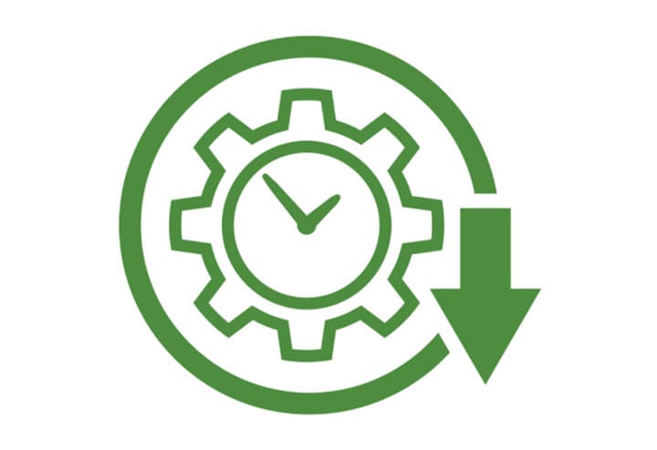 Green icon of a clock within an engine gear.