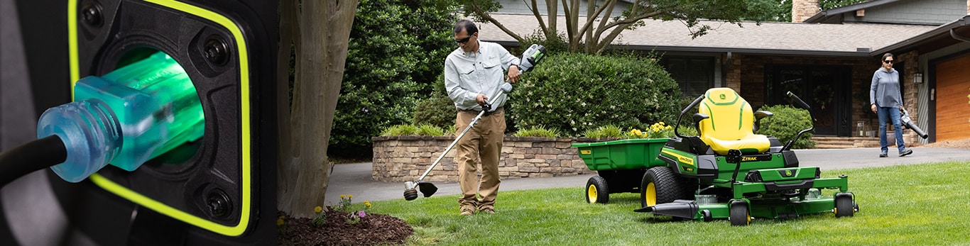 ​an image collage of a mower charger and a Z380R ZTrak Mower on the front lawn of a house