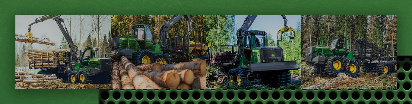 John Deere forwarders collage image of machines working in the woods.