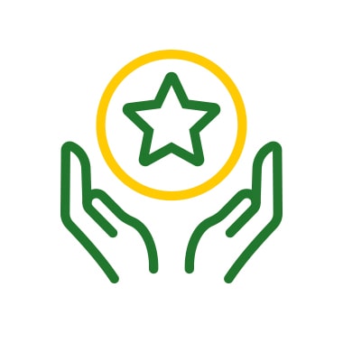 Two hands around a yellow sphere with a green star at the center