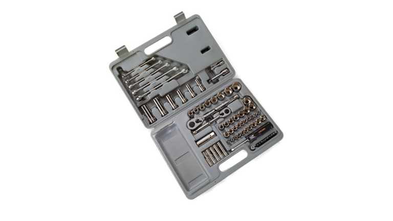 open grey case with sockets and tools