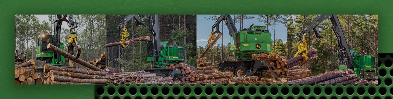 John Deere knuckleboom loader collage image of machines working in the woods.
