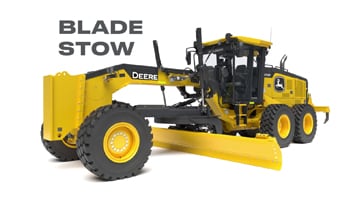 studio image of John Deere equipment with text reading "BLADE STOW"