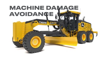 studio image of John Deere equipment with text reading "MACHINE DAMAGE AVOIDANCE"