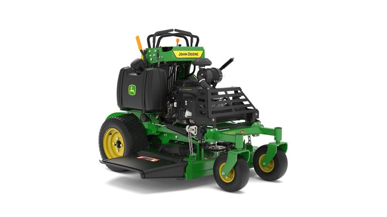 A front-right-facing studio shot of a green and yellow standing mower on a white background. (7th thumbnail)