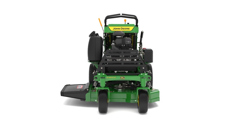 A front-facing studio shot of a green and yellow standing mower on a white background. (8th thumbnail)