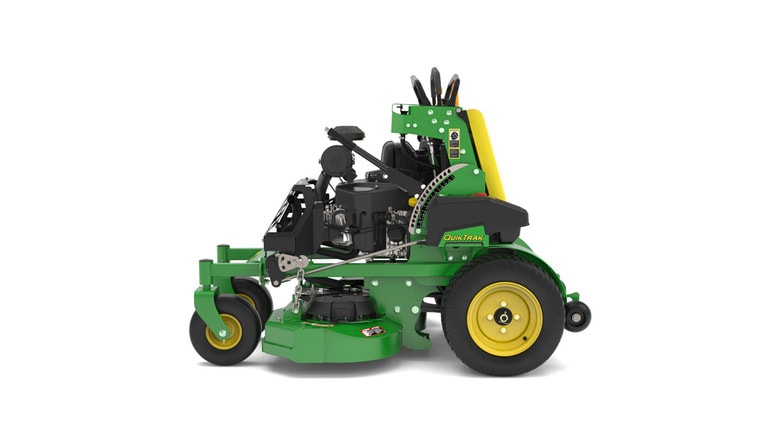 A left-facing studio shot of a green and yellow standing mower on a white background. (2nd thumbnail)