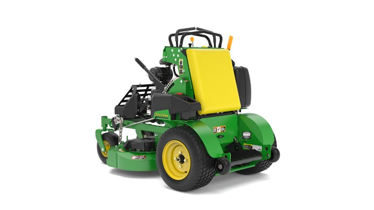 A rear-left-facing studio shot of a green and yellow standing mower on a white background. (3rd thumbnail)