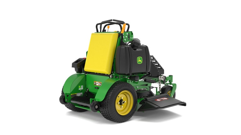 A rear-right-facing studio shot of a green and yellow standing mower on a white background. (5th thumbnail)