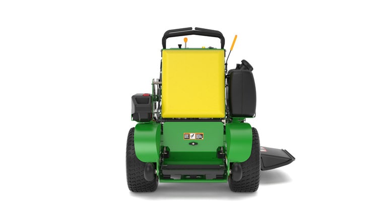 A rear-facing studio shot of a green and yellow standing mower on a white background. (4th thumbnail)