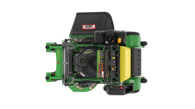 A top-facing studio shot of a green and yellow standing mower on a white background. (9th thumbnail)