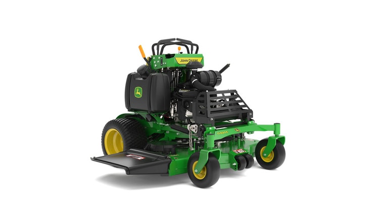 A front-right-facing studio shot of a green and yellow standing mower on a white background. (7th thumbnail)